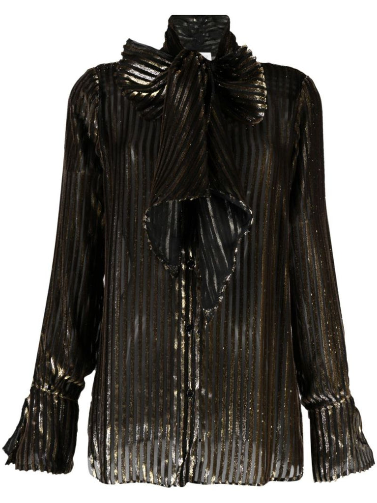 Black Pussy-bow Metallic Blouse
