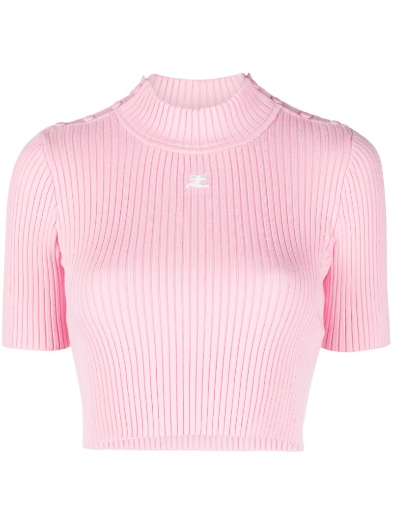 Pink Logo Embroidery Ribbed Knitted  Crop Top
