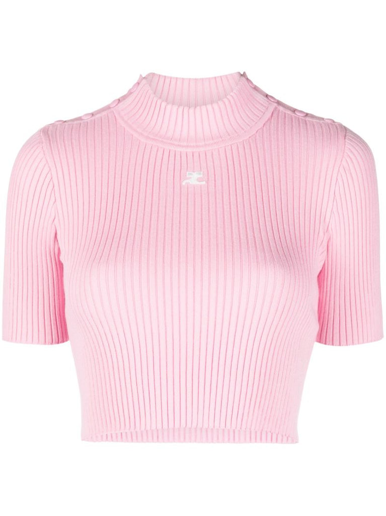 Pink Logo Embroidery Ribbed Knitted  Crop Top