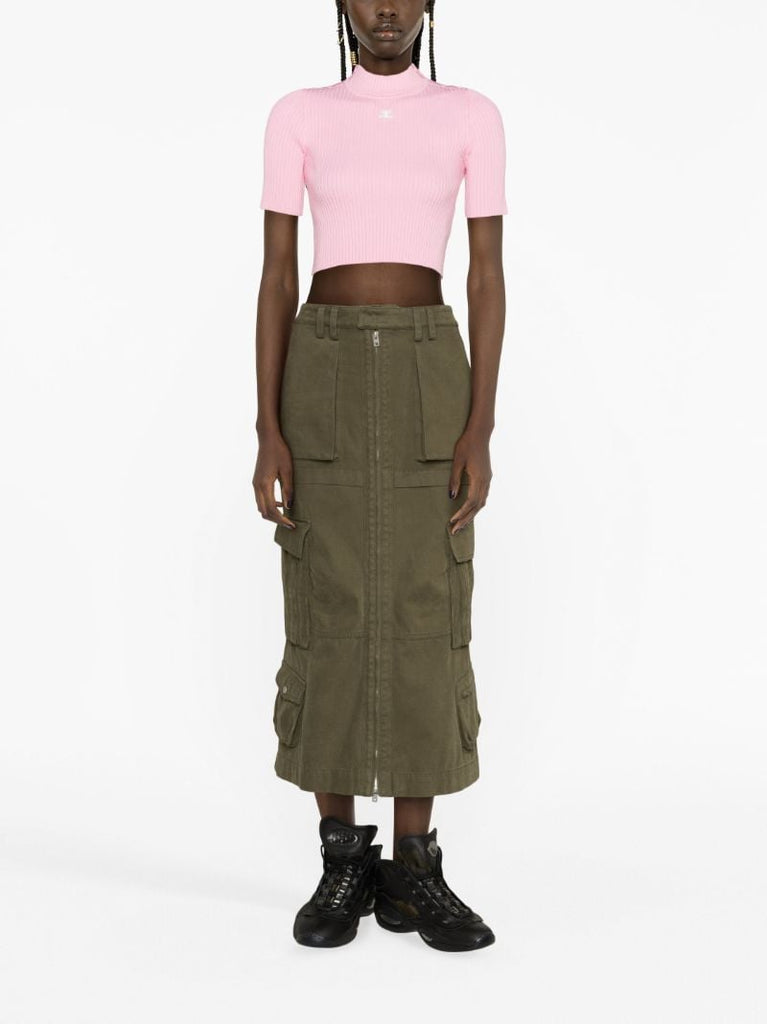 Pink Logo Embroidery Ribbed Knitted  Crop Top