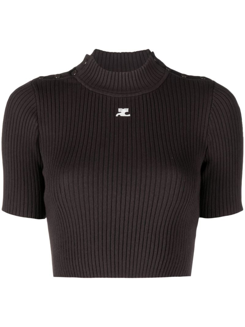 Brown Logo Embroidery Ribbed Knitted  Crop Top