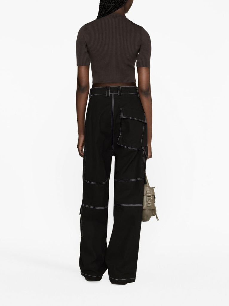 Brown Logo Embroidery Ribbed Knitted  Crop Top