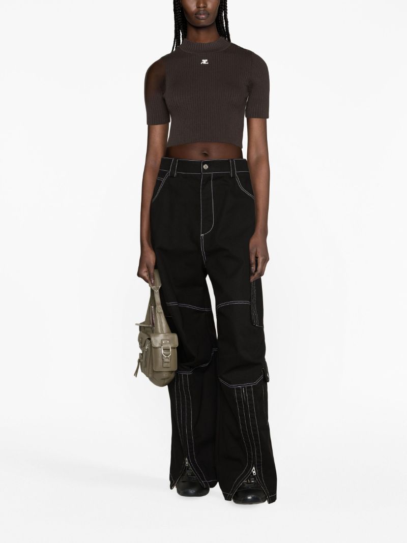 Brown Logo Embroidery Ribbed Knitted  Crop Top