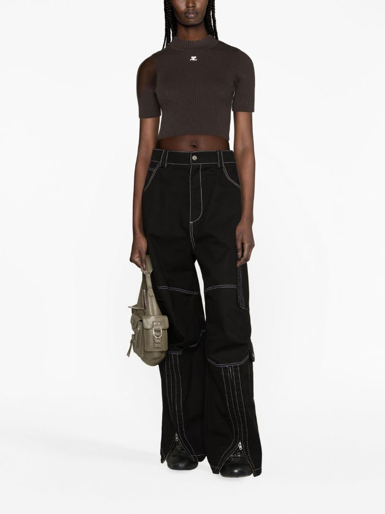 Brown Logo Embroidery Ribbed Knitted  Crop Top