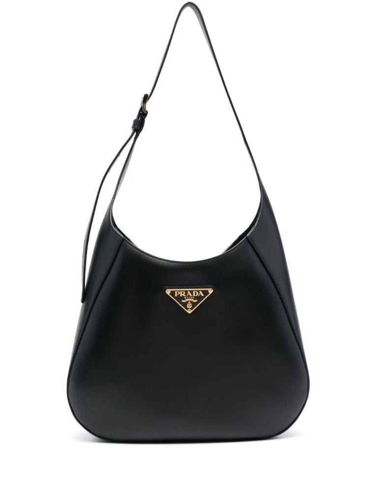 Black Logo Plaque Leather Shoulder Bag