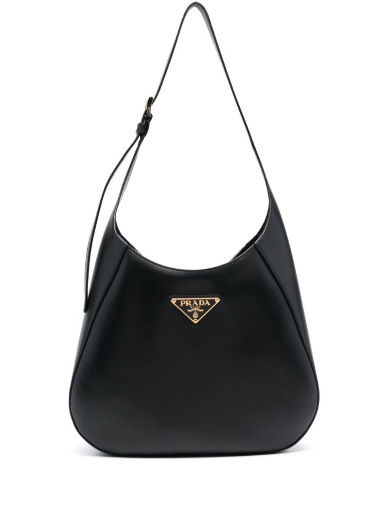 Black Logo Plaque Leather Shoulder Bag