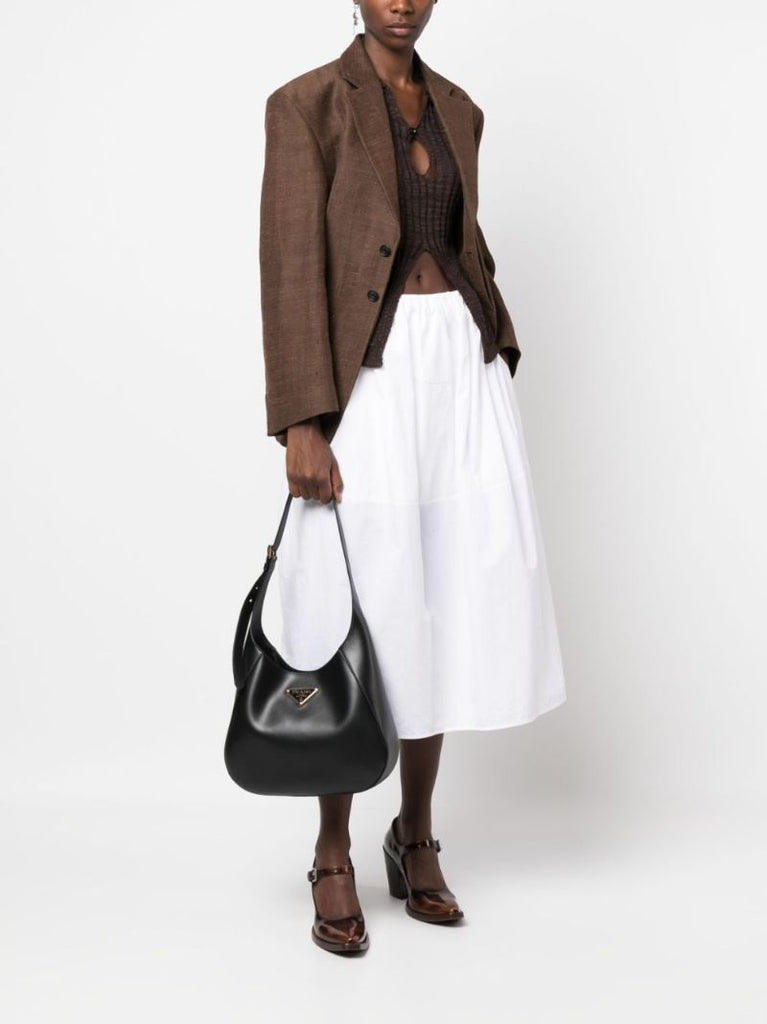 Black Logo Plaque Leather Shoulder Bag
