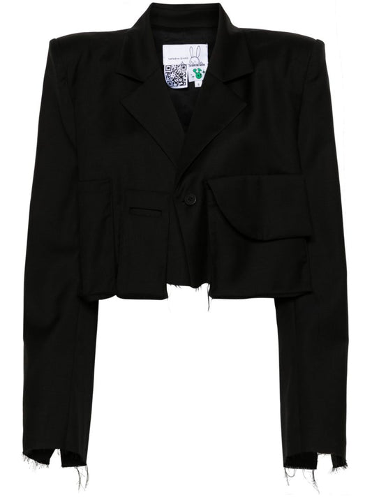 Black Distressed Cropped Wool Blazer