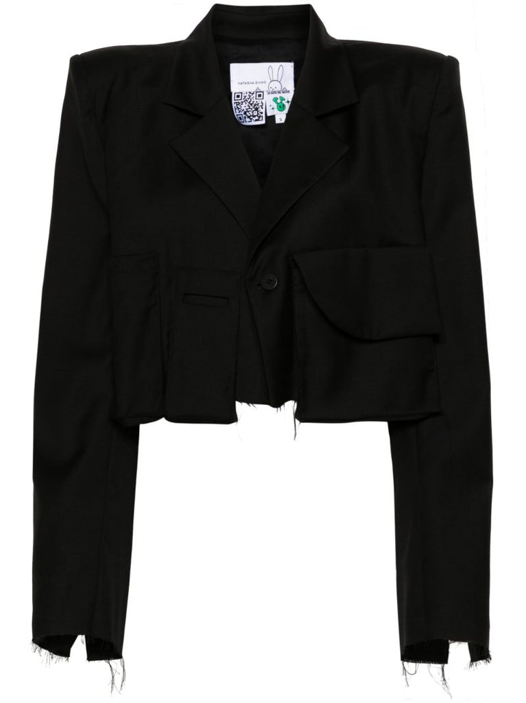 Black Distressed Cropped Wool Blazer