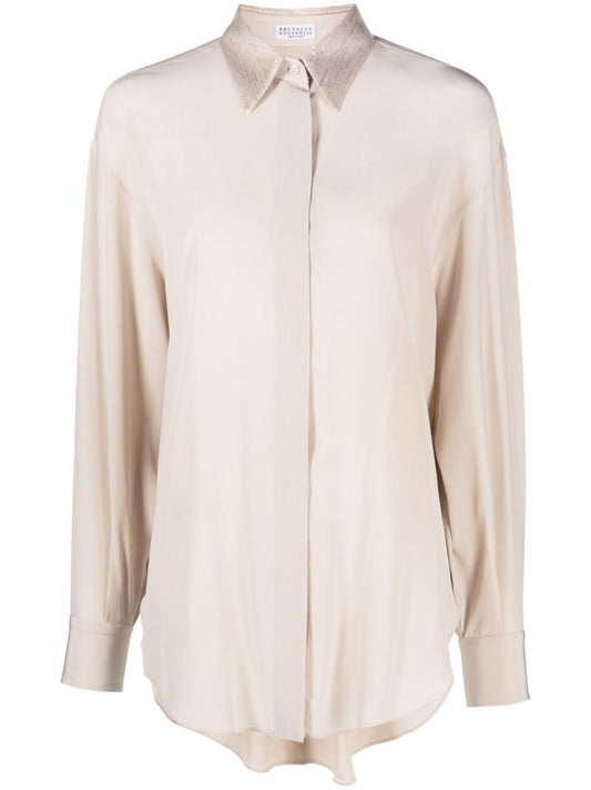 Neutral Sequin-embellished Silk Shirt