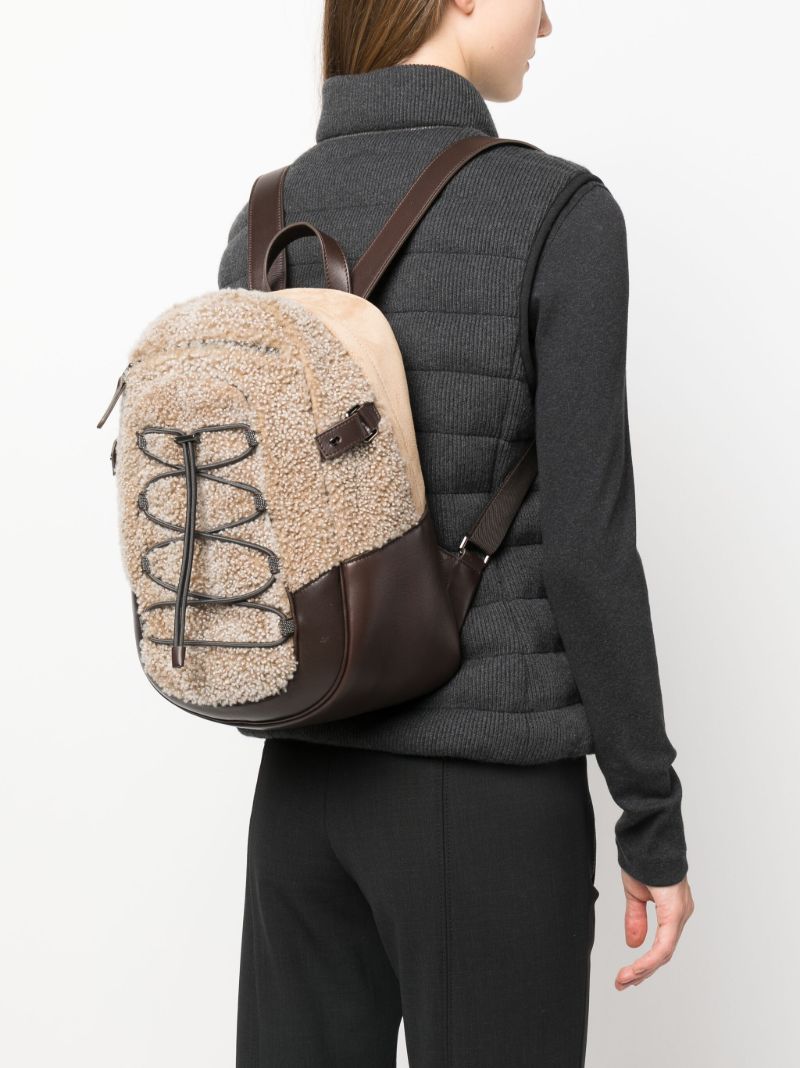 Brown Shearling Leather Panel Backpack