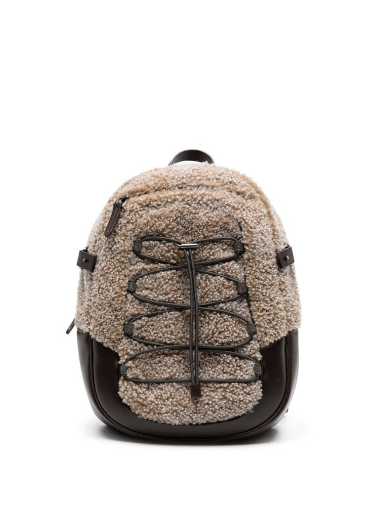 Brown Shearling Leather Panel Backpack