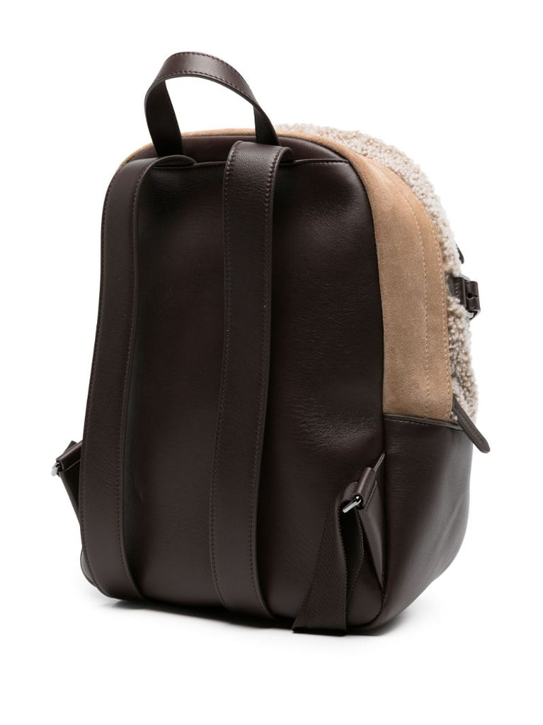 Brown Shearling Leather Panel Backpack
