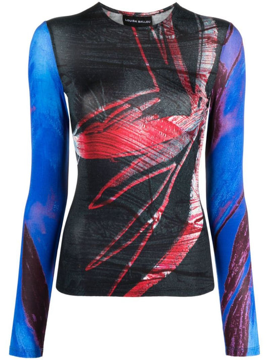 Blue Abstract-print Mesh Top