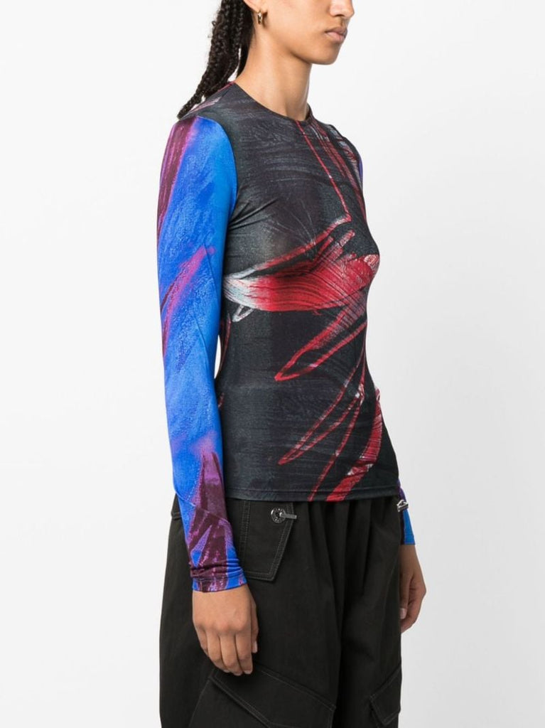 Blue Abstract-print Mesh Top