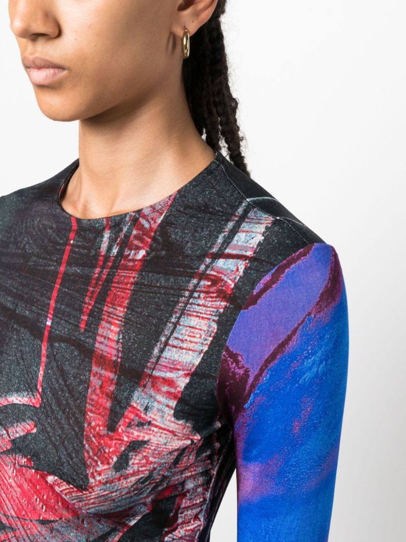 Blue Abstract-print Mesh Top