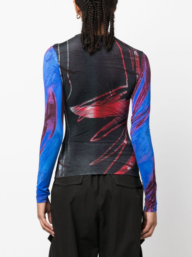 Blue Abstract-print Mesh Top