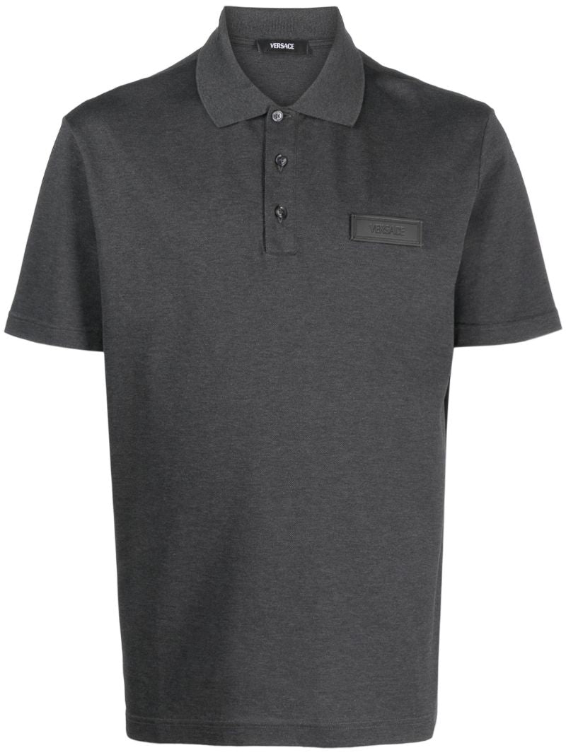 Grey Logo Patch Cotton Polo Shirt
