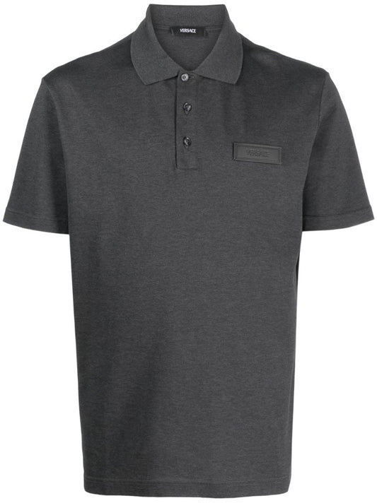 Grey Logo Patch Cotton Polo Shirt