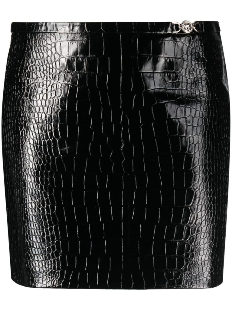 Black Crocodile-embossed Leather Mini Skirt