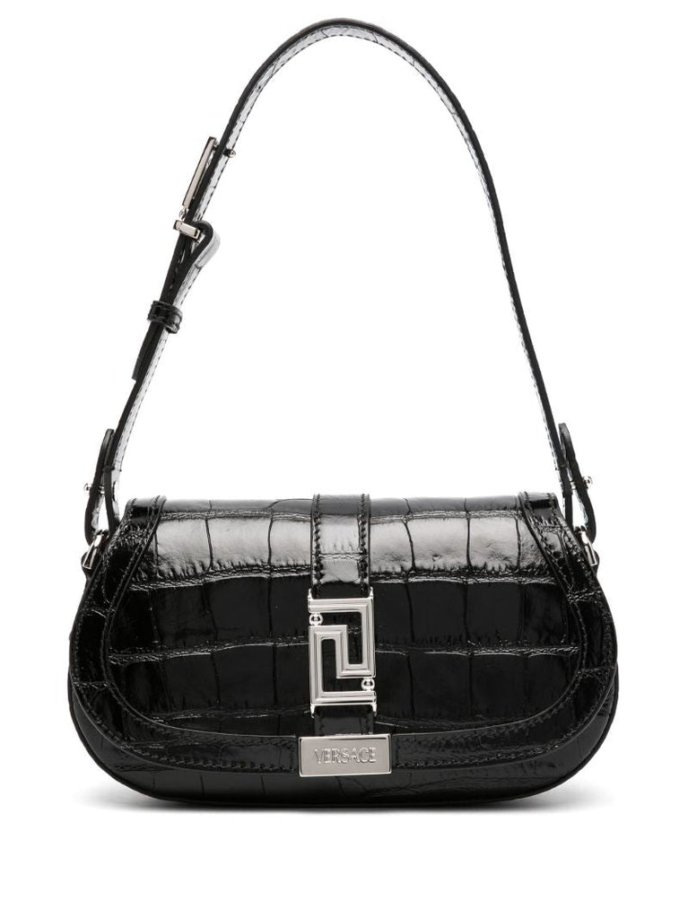 Black Greca Goddess Croc-embossed Leather Shoulder Bag