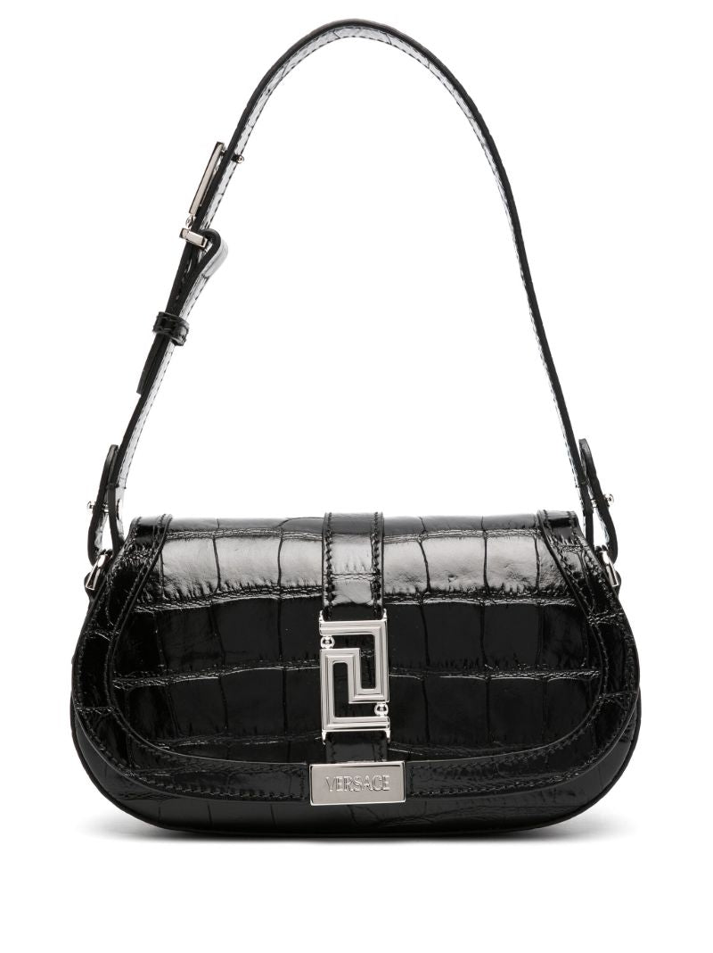 Black Greca Goddess Croc-embossed Leather Shoulder Bag