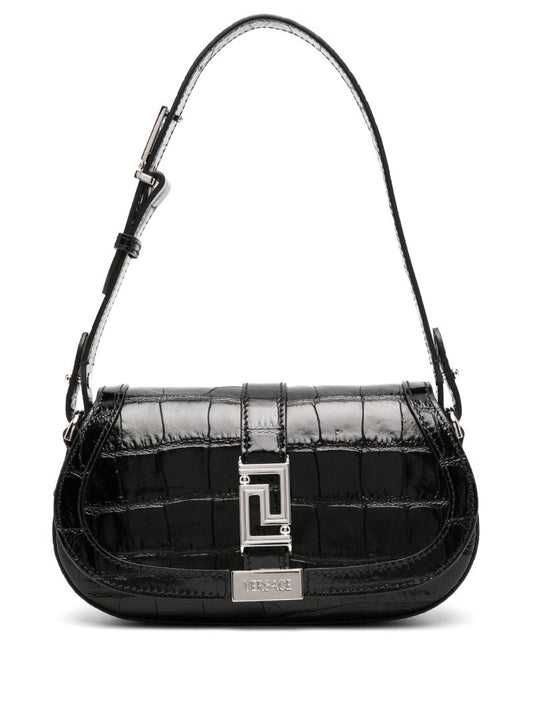 Black Greca Goddess Croc-embossed Leather Shoulder Bag