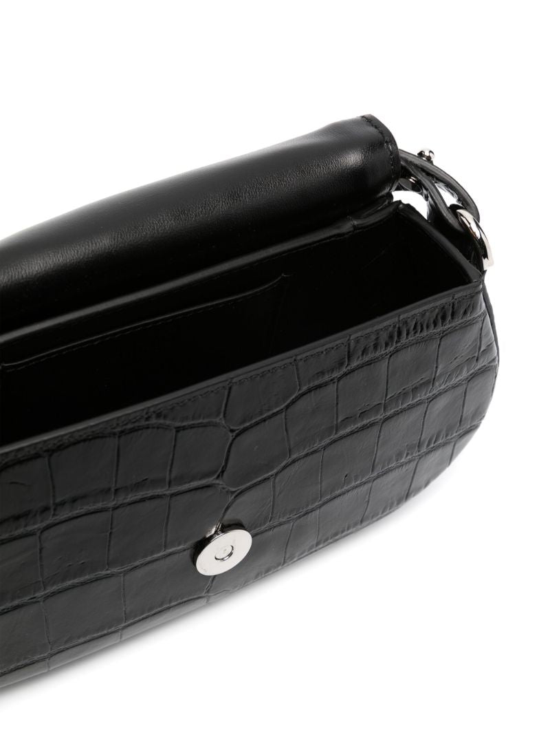 Black Greca Goddess Croc-embossed Leather Shoulder Bag