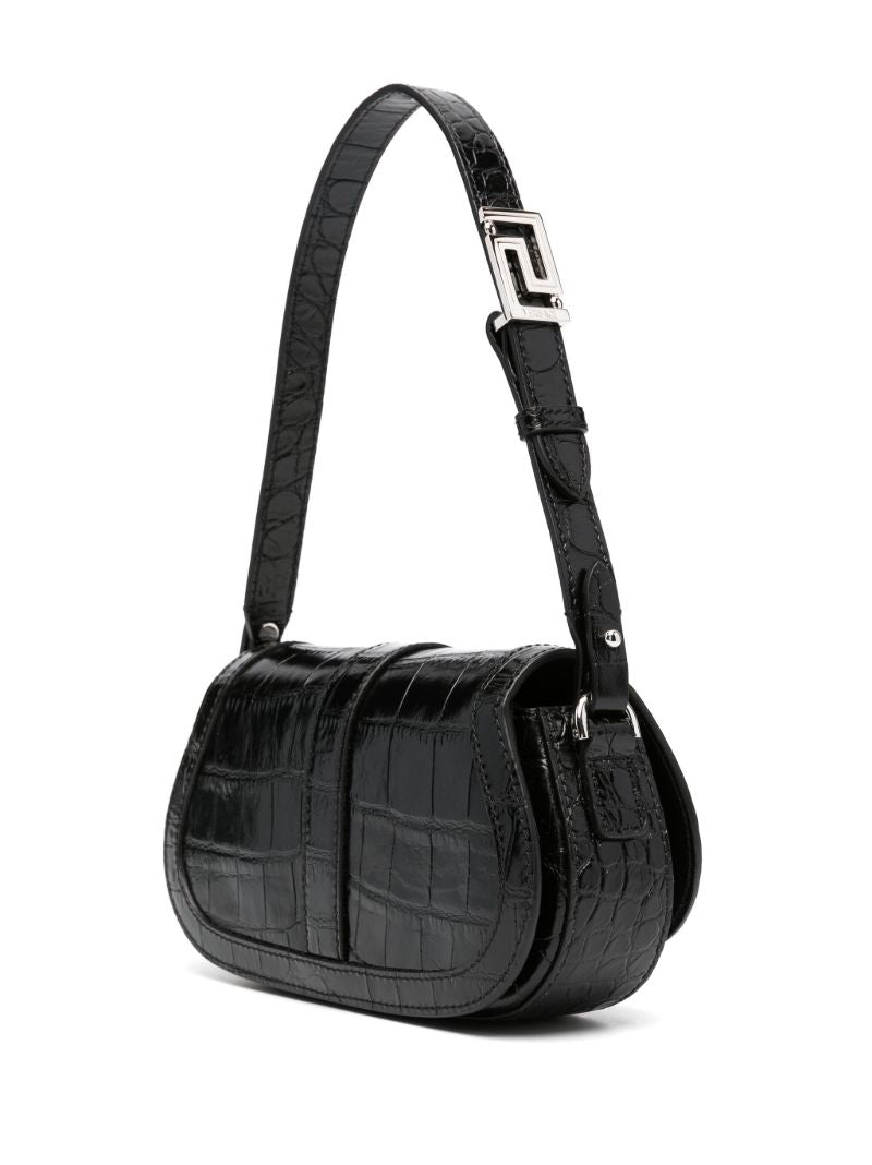 Black Greca Goddess Croc-embossed Leather Shoulder Bag