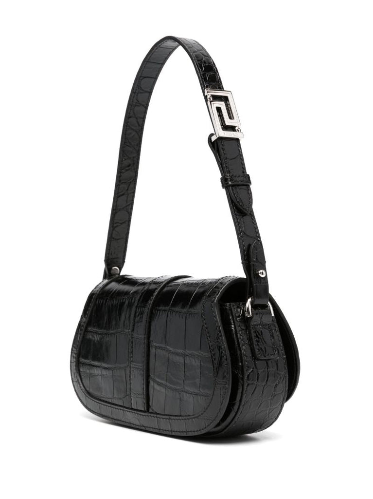 Black Greca Goddess Croc-embossed Leather Shoulder Bag
