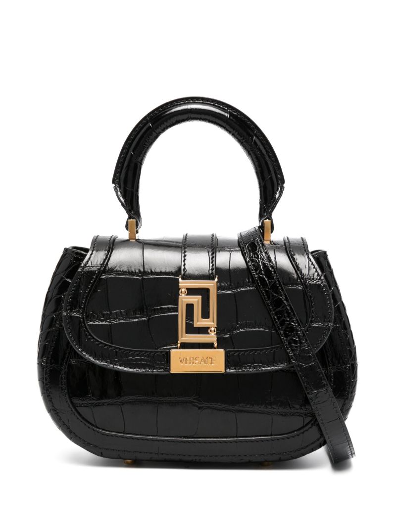 Black Greca Goddess Leather Tote Bag