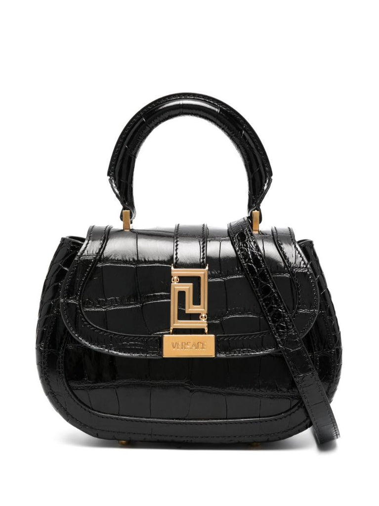 Black Greca Goddess Leather Tote Bag