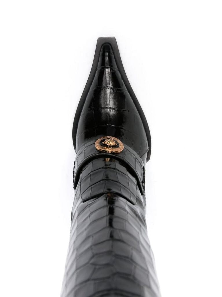 Black Alia 120 Crocodile-effect Leather Knee-high Boots