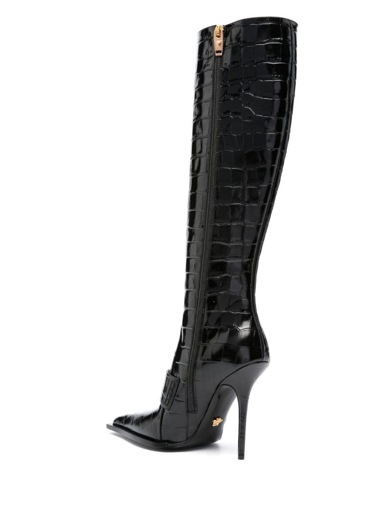Black Alia 120 Crocodile-effect Leather Knee-high Boots
