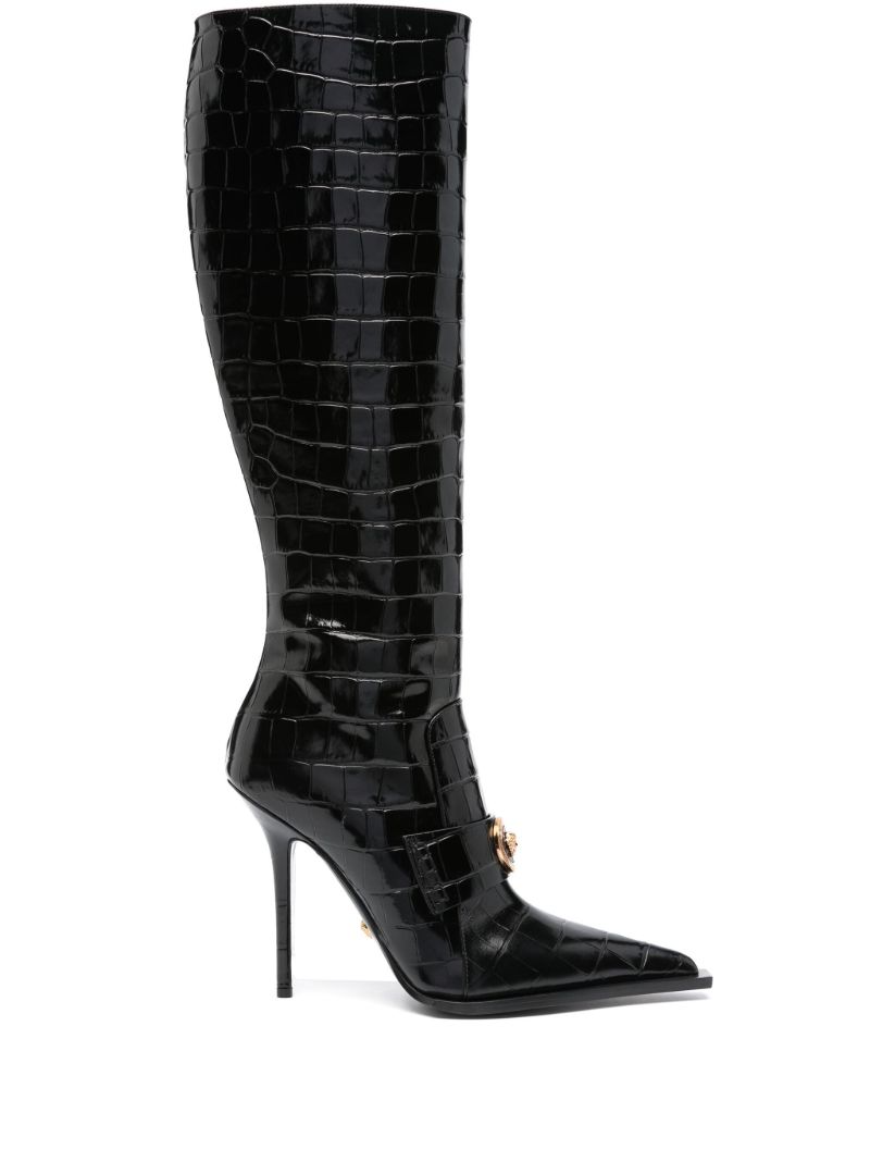 Black Alia 120 Crocodile-effect Leather Knee-high Boots
