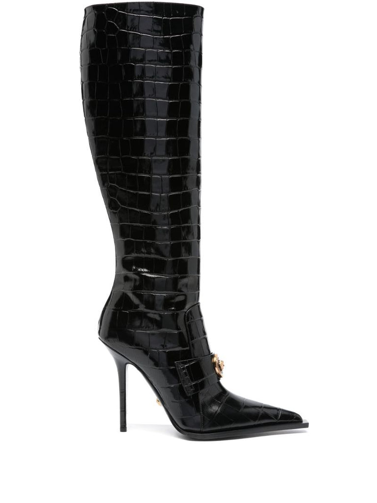 Black Alia 120 Crocodile-effect Leather Knee-high Boots