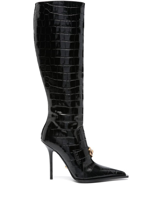 Black Alia 120 Crocodile-effect Leather Knee-high Boots