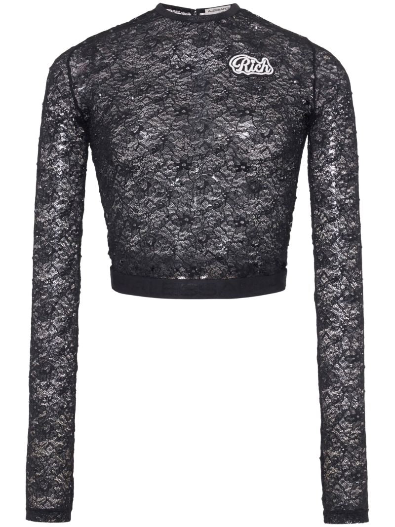 Black Logo Applique Lace Top