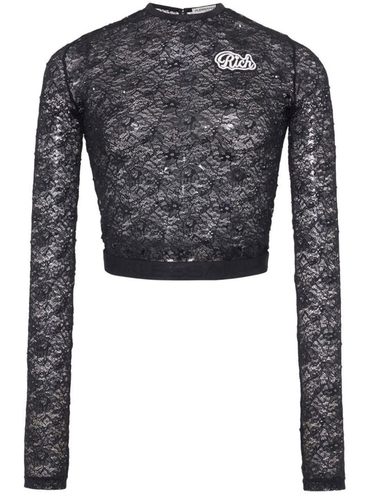 Black Logo Applique Lace Top