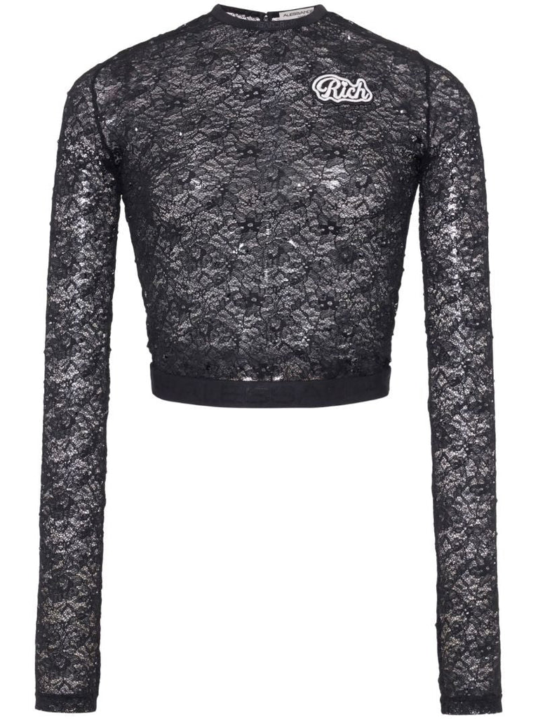 Black Logo Applique Lace Top