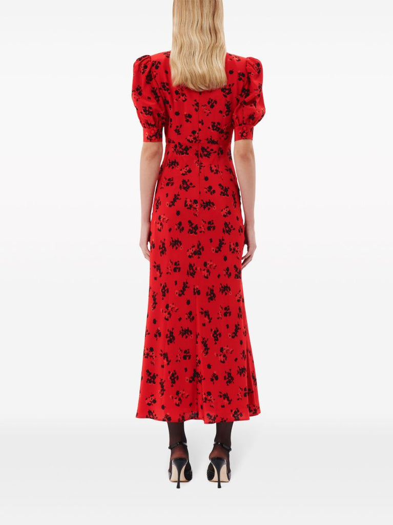 Red Rose-print Silk Dress