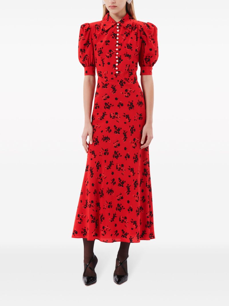 Red Rose-print Silk Dress