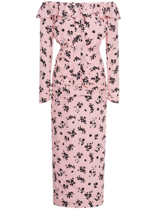 Pink Off Shoulder Floral-print Dress