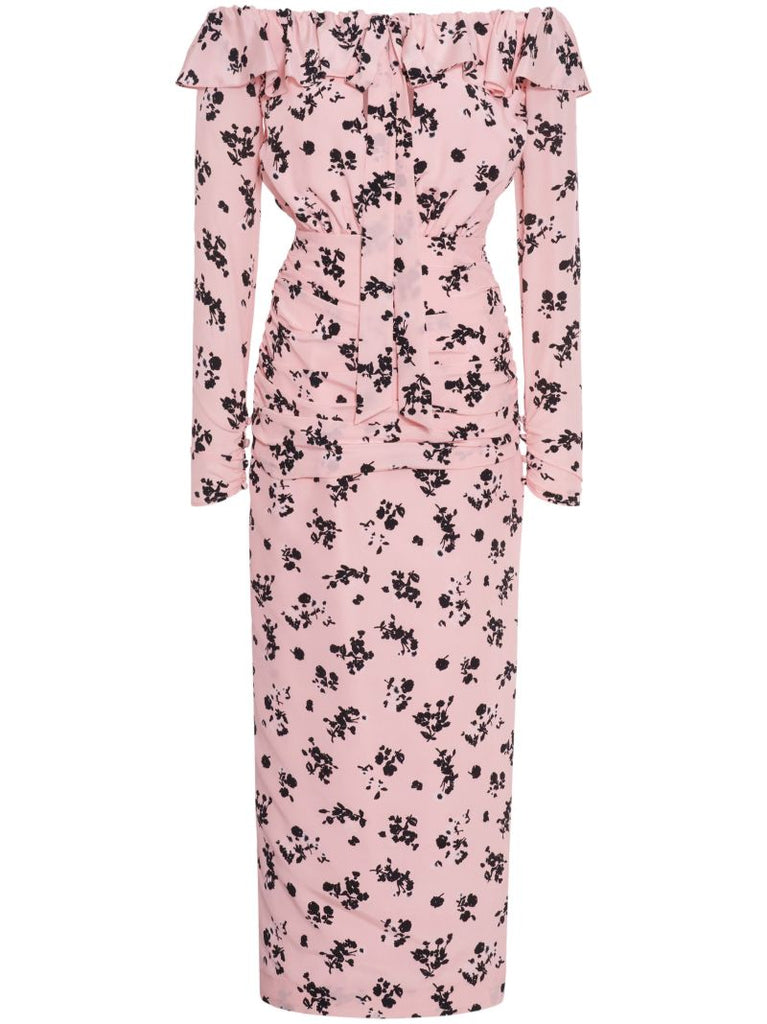 Pink Off Shoulder Floral-print Dress