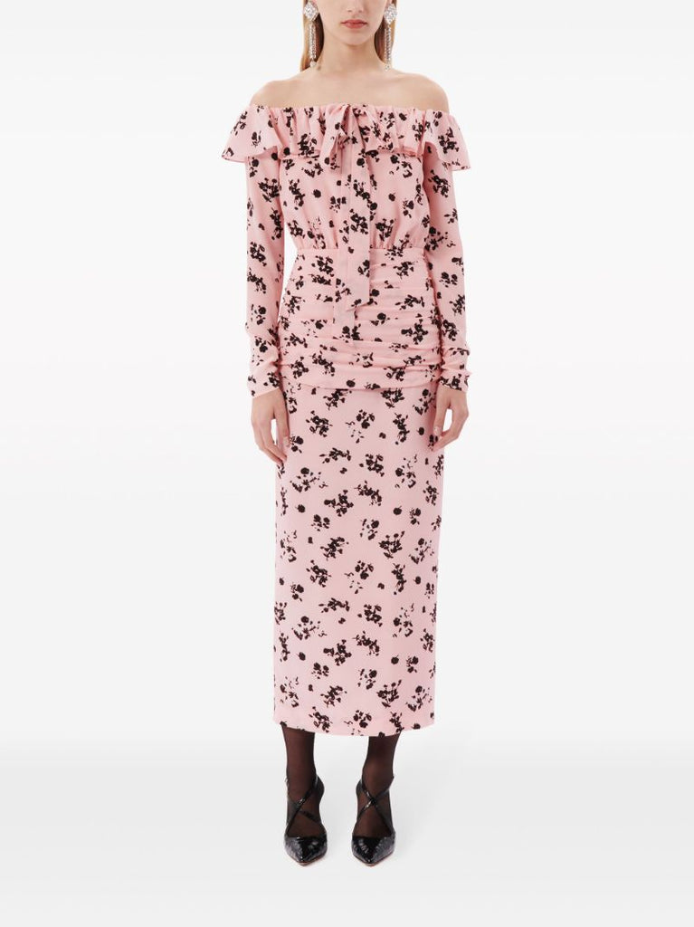 Pink Off Shoulder Floral-print Dress