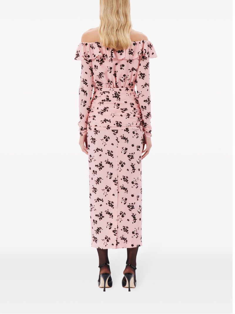 Pink Off Shoulder Floral-print Dress