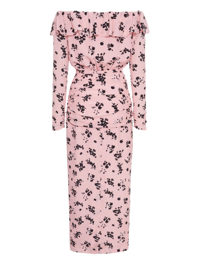 Pink Off Shoulder Floral-print Dress
