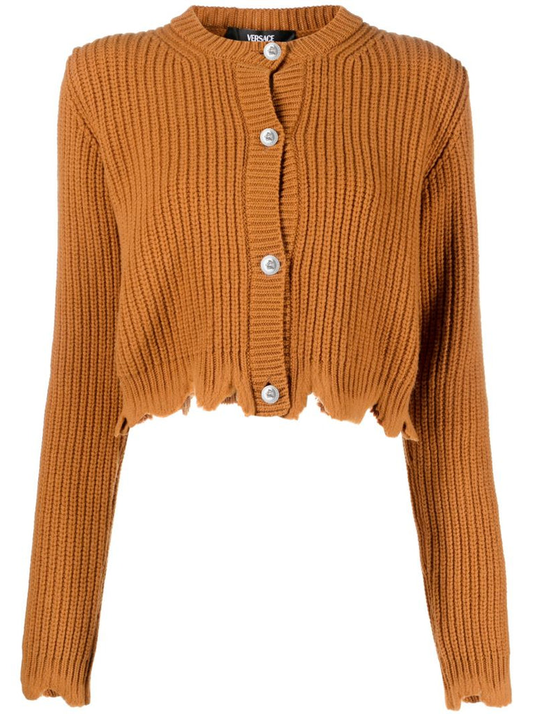 Brown Distressed Ribbed-knit Wool Cardigan