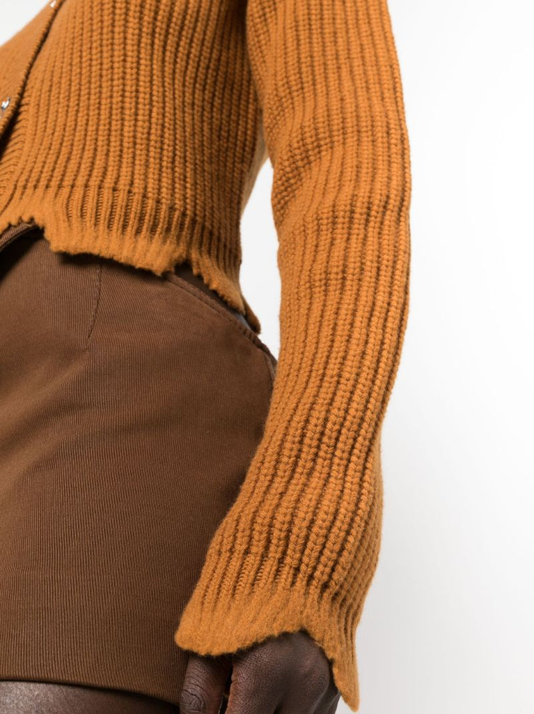Brown Distressed Ribbed-knit Wool Cardigan