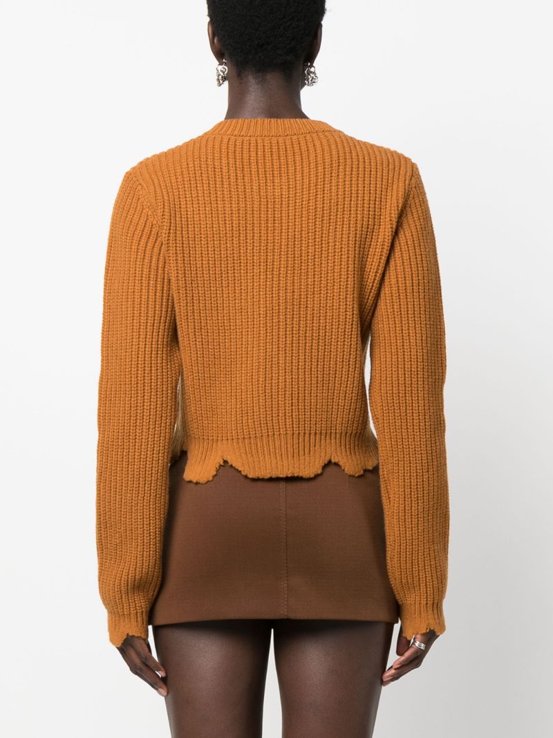 Brown Distressed Ribbed-knit Wool Cardigan